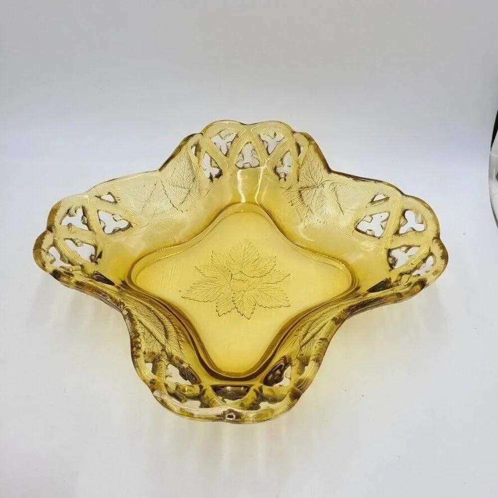 Vintage Art Glass Amber Harvest Gold Dish Scalloped Rose Embossed 11.5